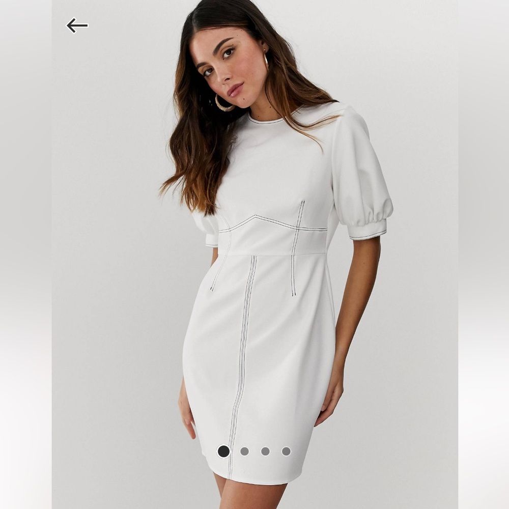 ASOS DESIGN contrast stitch white dress with puff sleeves NEW 14